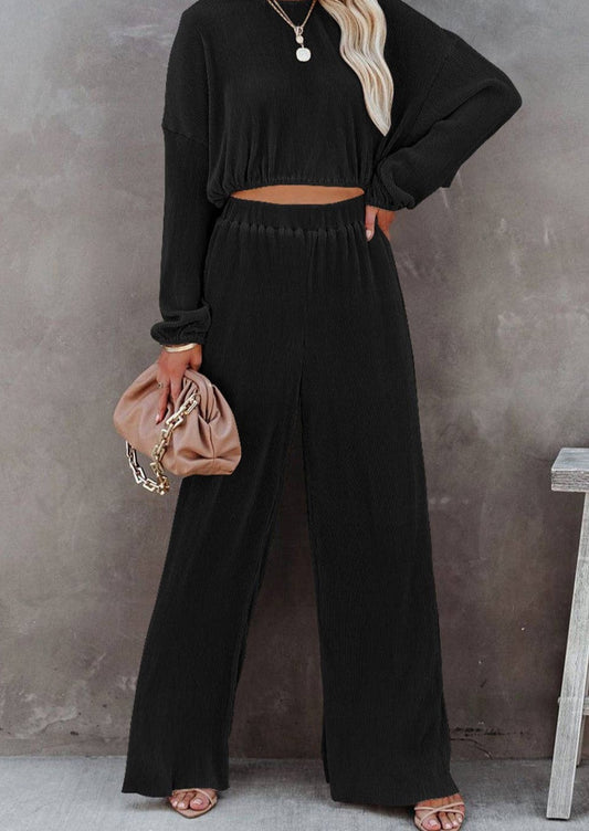 Black Corded Cropped Pullover and Wide Leg Pants Set